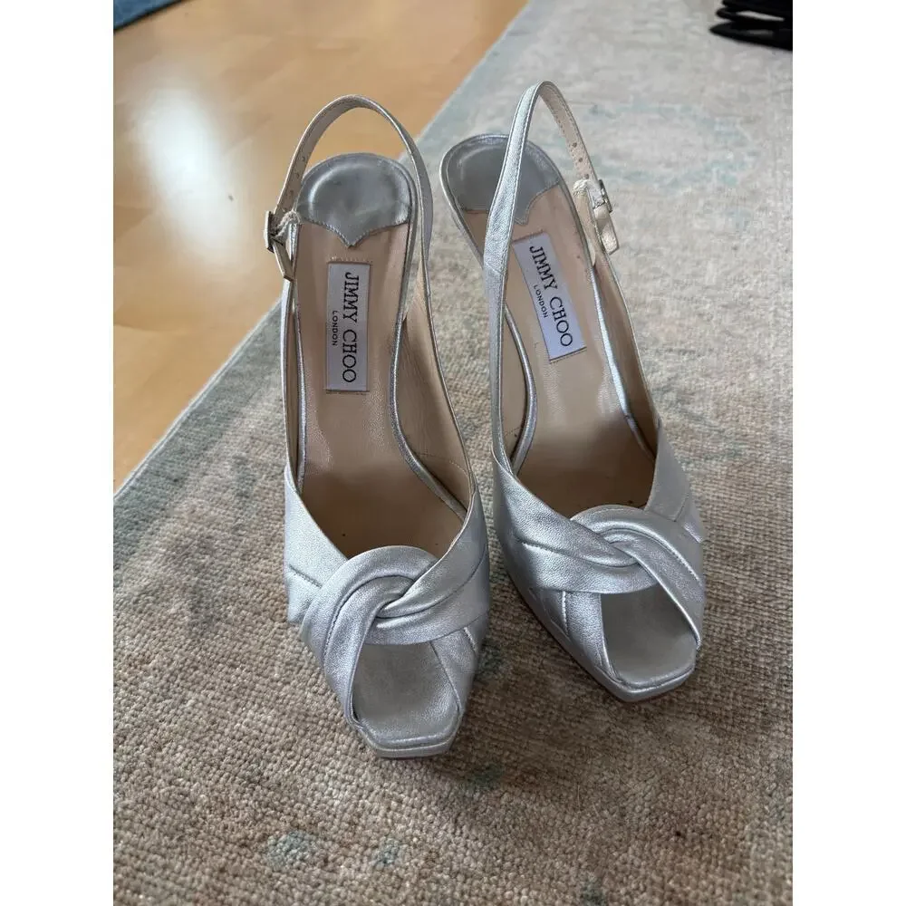 Jimmy Choo Silver Sling Back Peep Toe Heels Sz 40 $1,050 MSRP